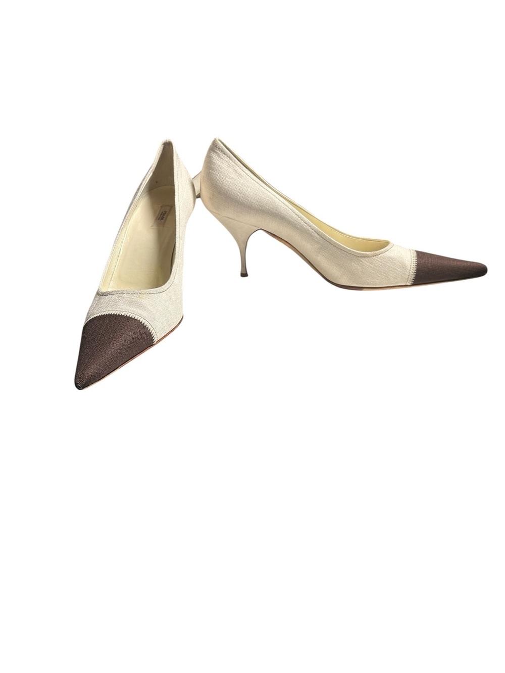 Prada Vintage Canvas Spectator Pumps Pointed Toe Beige Brown Heels 41 US 10.5